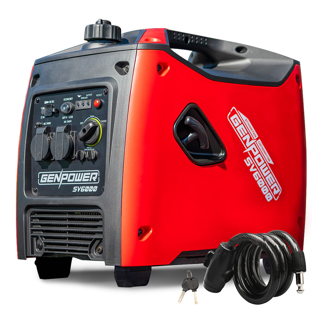 The image shows a red and black GENPOWER Inverter Generator 3.5kW Max 3.2kW Rated Pure Sine Wave Petrol Portable Camping with multiple control knobs and switches on its front panel. It features pure sine wave technology, ensuring stable power output. Accessories include a coiled cable and two keys, with a handle on top for easy carrying.