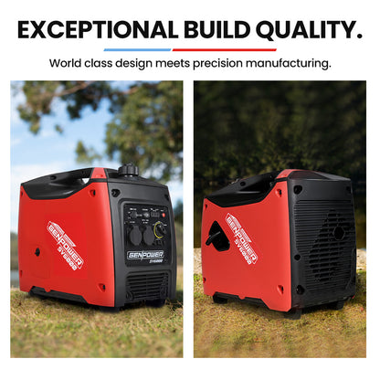 The image shows a red and black GENPOWER Inverter Generator 3.5kW Max 3.2kW Rated Pure Sine Wave Petrol Portable Camping with multiple control knobs and switches on its front panel. It features pure sine wave technology, ensuring stable power output. Accessories include a coiled cable and two keys, with a handle on top for easy carrying.