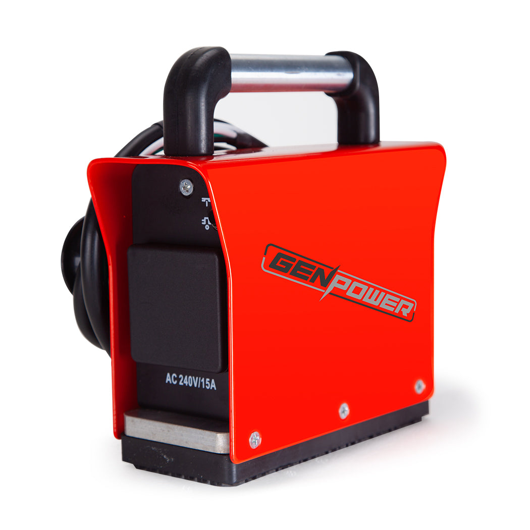 A compact, red GENPOWER 3000W Generator Parallel Kit for SV5000 Inverter Models with a handle on top and a power cable coiled on the side. The generator features a robust metal casing and the Genpower logo on the side. It runs on AC 240V/15A as indicated on the label, boasting a 3000W power output and Genpower SV5000 compatibility.