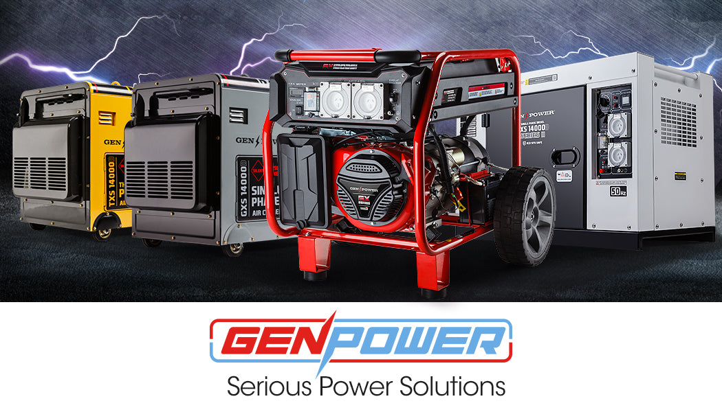 A compact, red GENPOWER 3000W Generator Parallel Kit for SV5000 Inverter Models with a handle on top and a power cable coiled on the side. The generator features a robust metal casing and the Genpower logo on the side. It runs on AC 240V/15A as indicated on the label, boasting a 3000W power output and Genpower SV5000 compatibility.