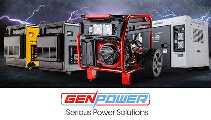 A compact, red GENPOWER 3000W Generator Parallel Kit for SV5000 Inverter Models with a handle on top and a power cable coiled on the side. The generator features a robust metal casing and the Genpower logo on the side. It runs on AC 240V/15A as indicated on the label, boasting a 3000W power output and Genpower SV5000 compatibility.