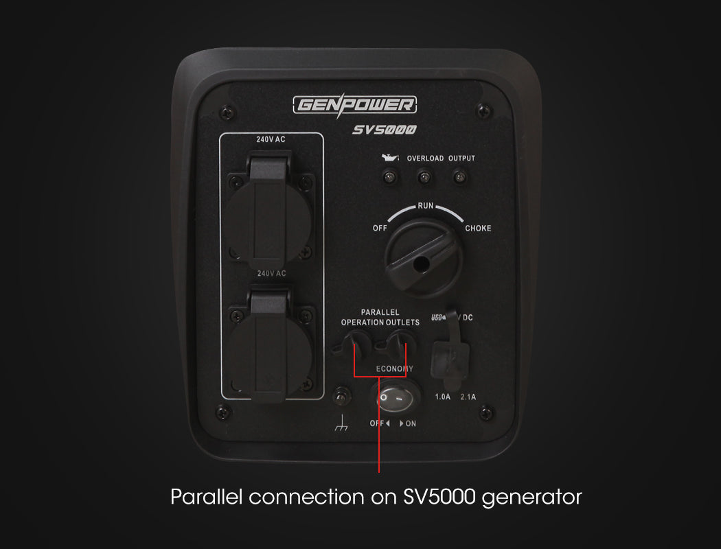 A compact, red GENPOWER 3000W Generator Parallel Kit for SV5000 Inverter Models with a handle on top and a power cable coiled on the side. The generator features a robust metal casing and the Genpower logo on the side. It runs on AC 240V/15A as indicated on the label, boasting a 3000W power output and Genpower SV5000 compatibility.