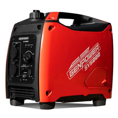 The GENPOWER Inverter Generator 2600W Peak Pure Sine Portable Camping Petrol Rated, a red and black portable petrol inverter generator with a handle on top, features a front panel displaying various controls and outlets for power connections. The brand name "GENPOWER" and model "2600W Peak" are clearly visible on the side of the unit, and it comes with a 3-year warranty.