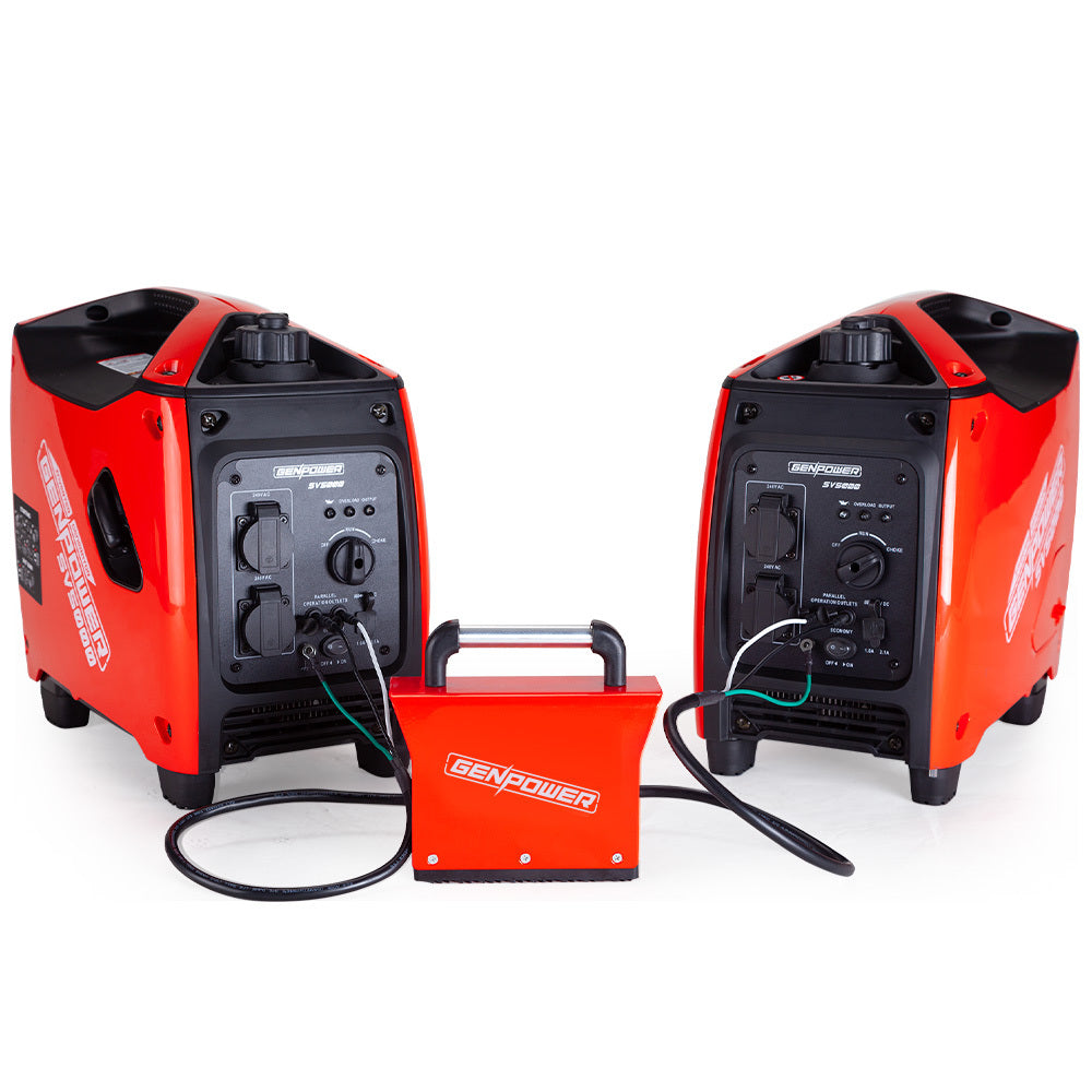 Two red 2 x GENPOWER 2200W Portable Power Generators with black control panels are linked by a parallel connection kit, also branded GenPower. The setup allows for combined power output with pure sine wave technology. The generators are positioned facing slightly inward toward the connection kit.