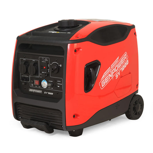 A red and black portable inverter generator with various control dials and switches on the front panel. The generator has a handle on the side for easy transport, and its product name "GENPOWER Inverter Generator 4500W Max 3500W Rated, Quiet Petrol Portable for Motorhome Camping Home Backup" is printed in white text on the side. Its advanced motor technology ensures reliable performance.