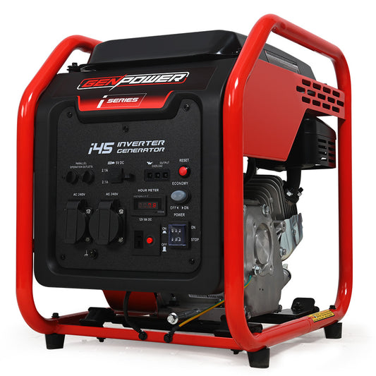 A portable red and black power generator with the label "GENPOWER Portable Petrol Inverter Camping Construction Generator 4kW Max 3.5kW Rated, 212CC 4-Stroke" displayed on its control panel. Utilizing advanced inverter technology, it features a fuel tank on top, several control knobs, switches, and outlets on the front panel, encased in a red frame.