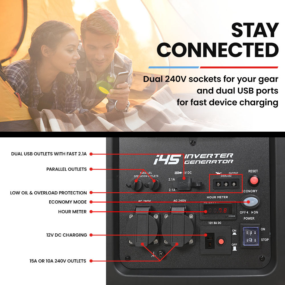 A portable red and black power generator with the label "GENPOWER Portable Petrol Inverter Camping Construction Generator 4kW Max 3.5kW Rated, 212CC 4-Stroke" displayed on its control panel. Utilizing advanced inverter technology, it features a fuel tank on top, several control knobs, switches, and outlets on the front panel, encased in a red frame.