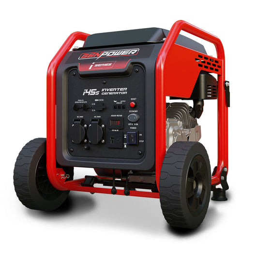 A red and black GENPOWER Inverter Generator Portable Petrol 3.5kW Max Pure Sine Wave Camping Power Station Wheels with large wheels for easy transportation, utilizing advanced inverter technology for clean power. The front panel has various controls and sockets, with the brand name "GENPOWER" visible at the top. It features a sturdy frame and compact design.