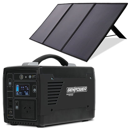 The image shows a GENPOWER Portable Power Station Lithium 300W/600W 21Ah 307Wh Solar Generator with 100W Folding Solar Panels with a black, rectangular Portable Folding Solar Panel propped up on a stand. The solar generator features a handle on top, various ports, an LCD display on the front panel, and 'GENPOWER' branding printed on the side.