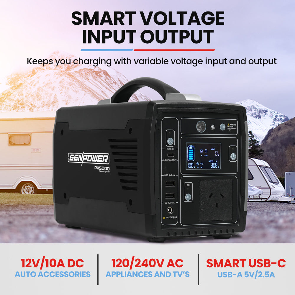 The image shows a GENPOWER Portable Power Station Lithium 300W/600W 21Ah 307Wh Solar Generator with 100W Folding Solar Panels with a black, rectangular Portable Folding Solar Panel propped up on a stand. The solar generator features a handle on top, various ports, an LCD display on the front panel, and 'GENPOWER' branding printed on the side.