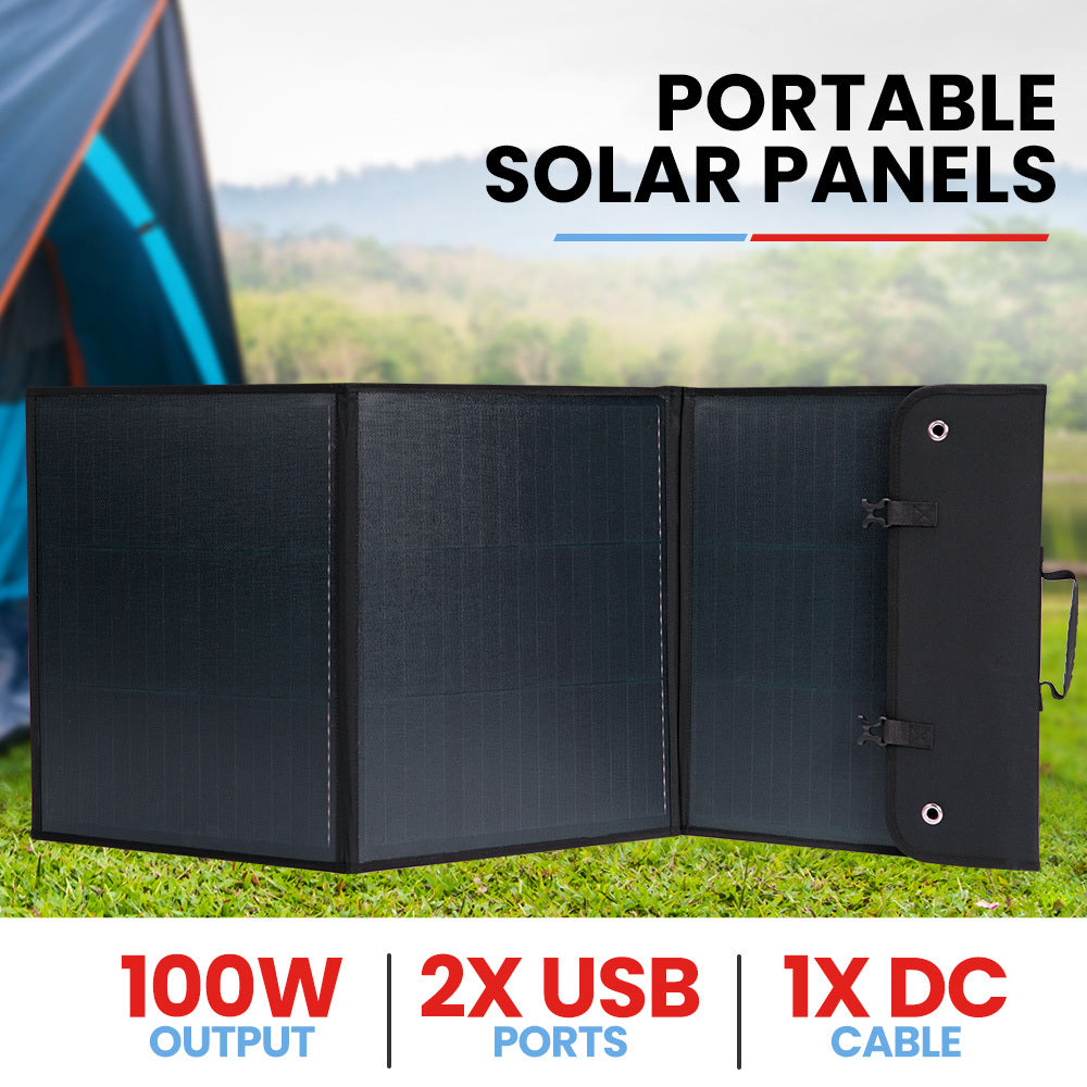 The image shows a GENPOWER Portable Power Station Lithium 300W/600W 21Ah 307Wh Solar Generator with 100W Folding Solar Panels with a black, rectangular Portable Folding Solar Panel propped up on a stand. The solar generator features a handle on top, various ports, an LCD display on the front panel, and 'GENPOWER' branding printed on the side.