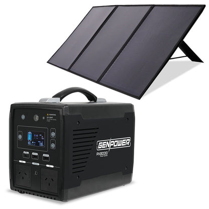 A portable power station with a handle, labeled "GENPOWER Portable Power Station Solar Generator with Folding Solar Panels 500W/1000W 515Wh Lithium," is paired with a Portable Folding Solar Panel set up at an angle. The power station has various input and output ports, a digital display, and two standard power outlets. Perfect for on-the-go energy needs.