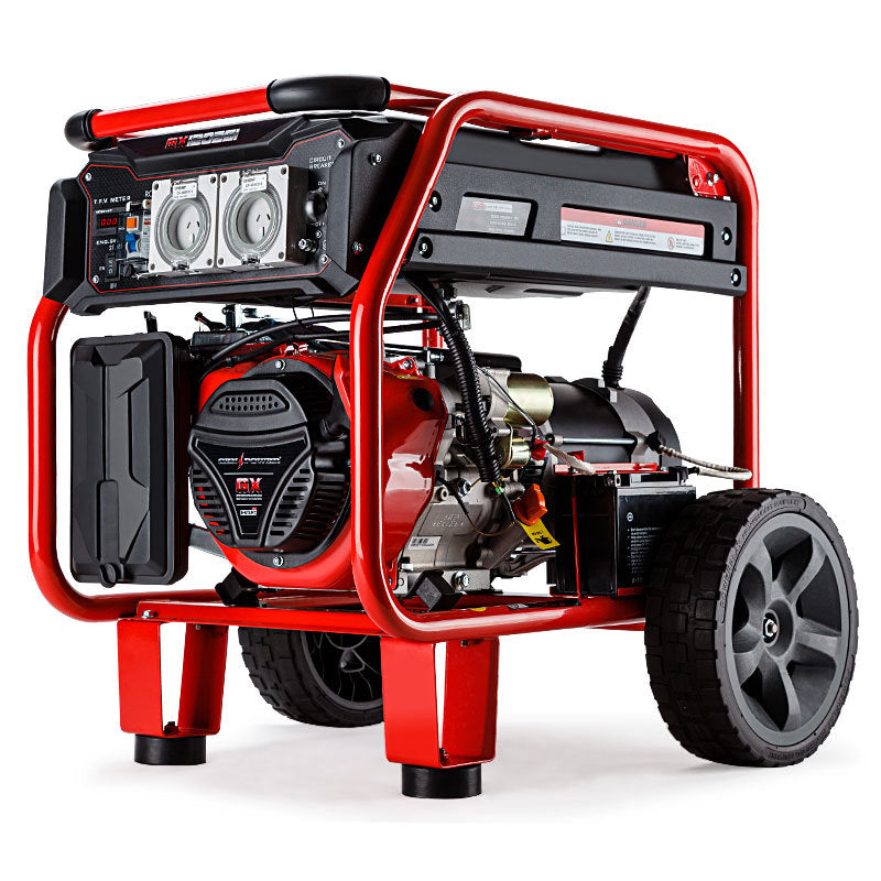 The GENPOWER Portable Petrol Generator 8.4kW Max 6kW Rated Single Phase 18HP 420cc 4-Stroke Engine is a portable red and black unit with a protective frame. Boasting 6000W continuous output, it has two large wheels for effortless transport. The control panel features power outlets and switches, while the engine housing displays brand logos and technical details. Its design is robust and functional, meeting WorkSafe spec model standards.