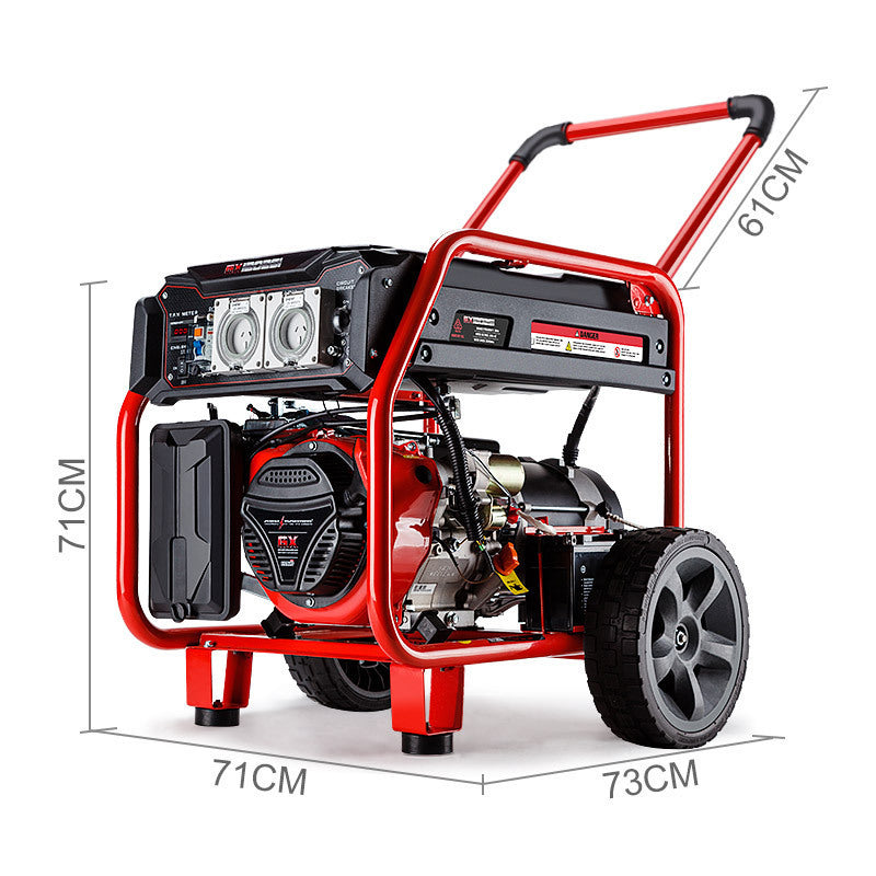 The GENPOWER Portable Petrol Generator 8.4kW Max 6kW Rated Single Phase 18HP 420cc 4-Stroke Engine is a portable red and black unit with a protective frame. Boasting 6000W continuous output, it has two large wheels for effortless transport. The control panel features power outlets and switches, while the engine housing displays brand logos and technical details. Its design is robust and functional, meeting WorkSafe spec model standards.