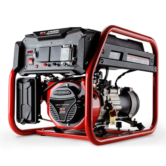 The GENPOWER 4.2kW Peak 3kW Rated Generator Single-Phase Petrol - Site Portable is a red and black single-phase generator with various switches, outlets, and a digital meter on the control panel. Supported by a sturdy red metal frame, it proudly displays the model number "BX4350" on the front. The engine and exhaust are visible on one side.