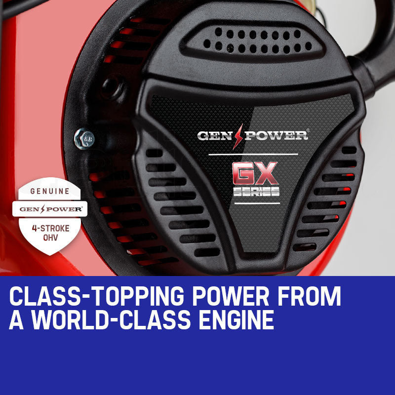 The GENPOWER 4.2kW Peak 3kW Rated Generator Single-Phase Petrol - Site Portable is a red and black single-phase generator with various switches, outlets, and a digital meter on the control panel. Supported by a sturdy red metal frame, it proudly displays the model number "BX4350" on the front. The engine and exhaust are visible on one side.