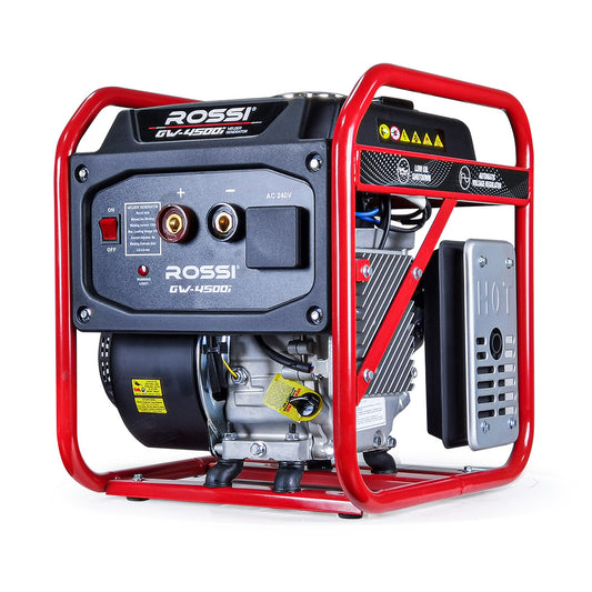 A portable generator with a red metal frame. The control panel includes power outlets, switches, and advanced inverter technology. The brand name "Rossi" and the model "GW-4500i" are visible. This **ROSSI 7HP Welder Generator Portable 208CC 4-Stroke Engine-Driven Inverter Stick Weld Welding Machine**, perfect for auxiliary power, features black and grey components with warning labels.