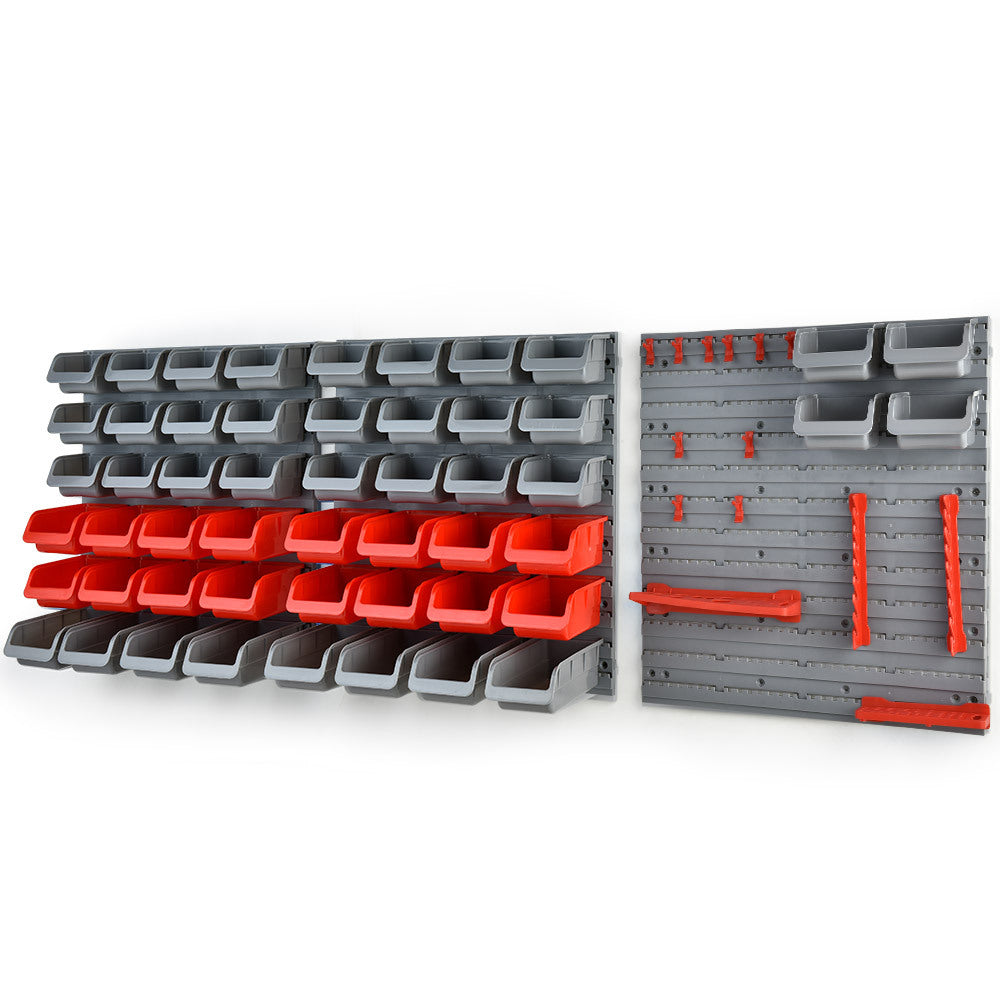 The BAUMR-AG 69pc Wall Mounted Parts Bin Rack with Tool Holders - Red features an array of gray and red plastic bins arranged in rows. The left section has multiple rows of smaller bins, with larger red bins in the middle. This modular design also includes a right section with pegs and shelves for additional tool storage organizer needs.