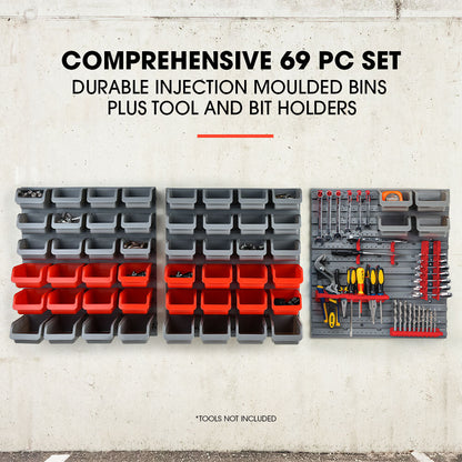 The BAUMR-AG 69pc Wall Mounted Parts Bin Rack with Tool Holders - Red features an array of gray and red plastic bins arranged in rows. The left section has multiple rows of smaller bins, with larger red bins in the middle. This modular design also includes a right section with pegs and shelves for additional tool storage organizer needs.