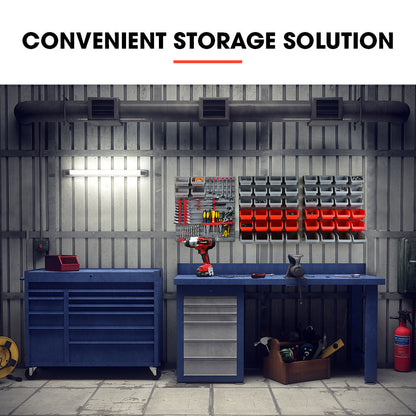 The BAUMR-AG 69pc Wall Mounted Parts Bin Rack with Tool Holders - Red features an array of gray and red plastic bins arranged in rows. The left section has multiple rows of smaller bins, with larger red bins in the middle. This modular design also includes a right section with pegs and shelves for additional tool storage organizer needs.