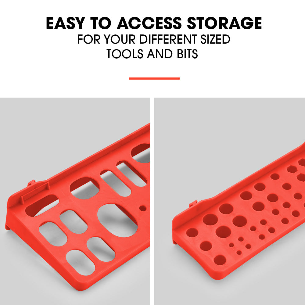 The BAUMR-AG 69pc Wall Mounted Parts Bin Rack with Tool Holders - Red features an array of gray and red plastic bins arranged in rows. The left section has multiple rows of smaller bins, with larger red bins in the middle. This modular design also includes a right section with pegs and shelves for additional tool storage organizer needs.