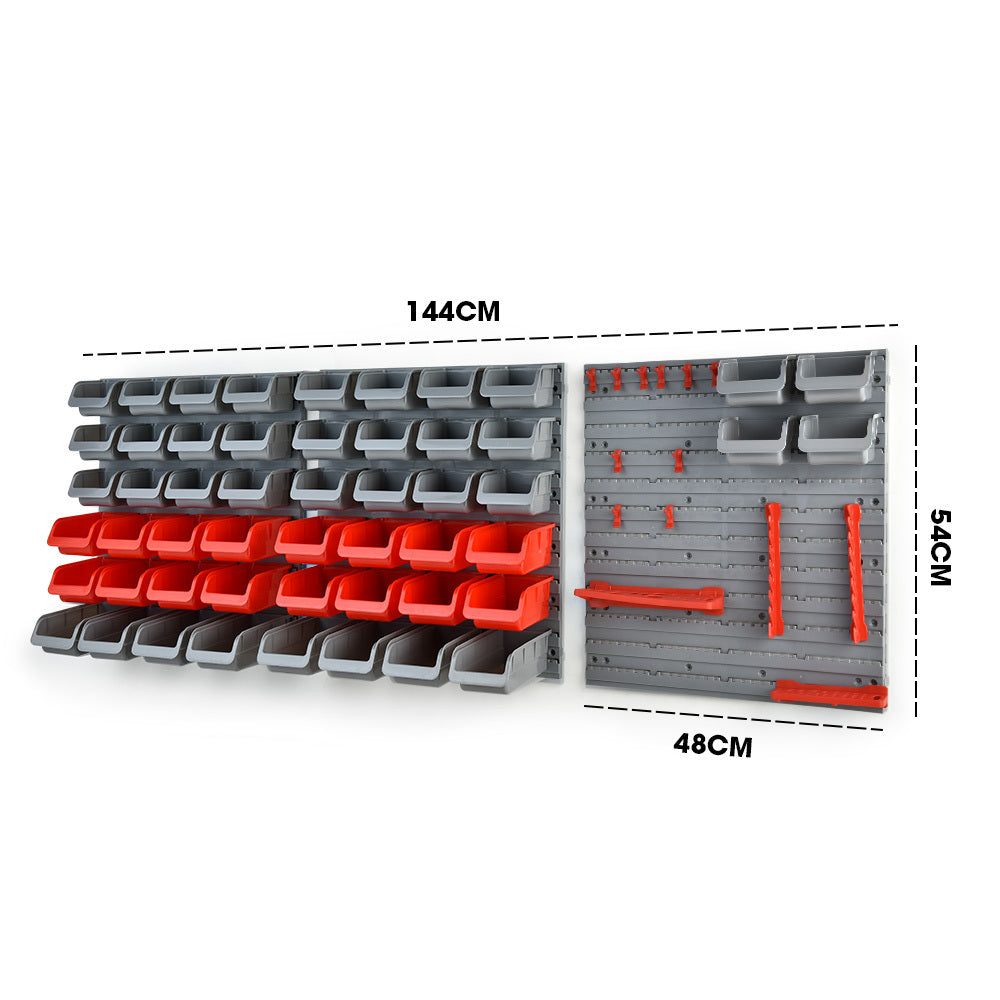 The BAUMR-AG 69pc Wall Mounted Parts Bin Rack with Tool Holders - Red features an array of gray and red plastic bins arranged in rows. The left section has multiple rows of smaller bins, with larger red bins in the middle. This modular design also includes a right section with pegs and shelves for additional tool storage organizer needs.