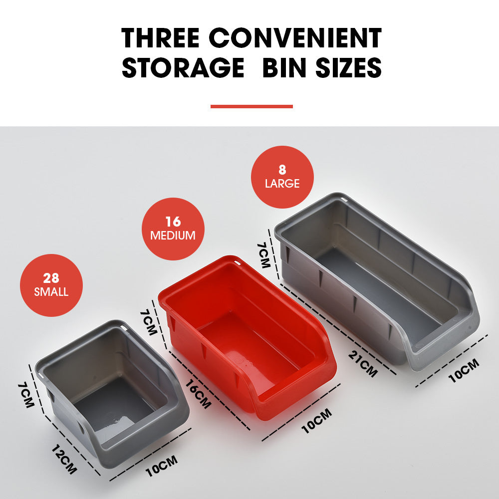 The BAUMR-AG 69pc Wall Mounted Parts Bin Rack with Tool Holders - Red features an array of gray and red plastic bins arranged in rows. The left section has multiple rows of smaller bins, with larger red bins in the middle. This modular design also includes a right section with pegs and shelves for additional tool storage organizer needs.