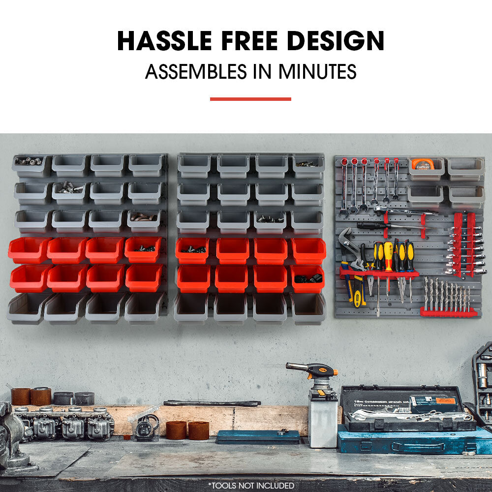 The BAUMR-AG 69pc Wall Mounted Parts Bin Rack with Tool Holders - Red features an array of gray and red plastic bins arranged in rows. The left section has multiple rows of smaller bins, with larger red bins in the middle. This modular design also includes a right section with pegs and shelves for additional tool storage organizer needs.