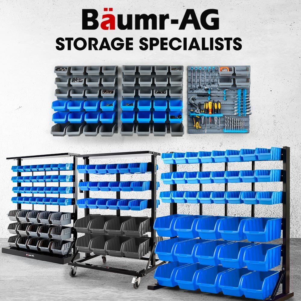 The BAUMR-AG 69pc Wall Mounted Parts Bin Rack with Tool Holders - Red features an array of gray and red plastic bins arranged in rows. The left section has multiple rows of smaller bins, with larger red bins in the middle. This modular design also includes a right section with pegs and shelves for additional tool storage organizer needs.