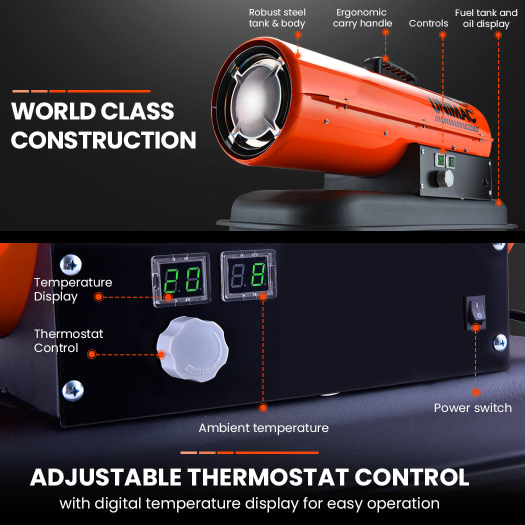 A portable industrial heater with an orange cylindrical body and black base platform featuring controls and a handle on top for easy transport. This UNIMAC Industrial Space Heater Diesel Kerosene Blow Portable Outdoor Indoor Thermostat has vents and a silver front grill for heat emission and safety.