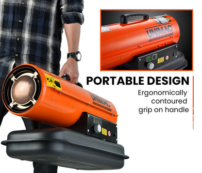 A portable industrial heater with an orange cylindrical body and black base platform featuring controls and a handle on top for easy transport. This UNIMAC Industrial Space Heater Diesel Kerosene Blow Portable Outdoor Indoor Thermostat has vents and a silver front grill for heat emission and safety.