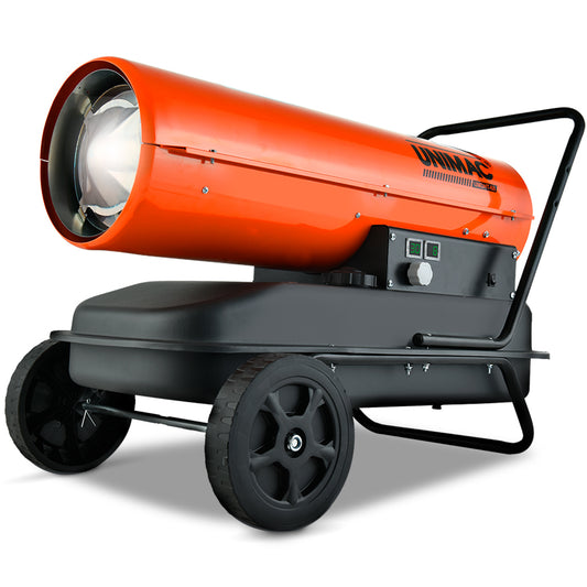 A UNIMAC 30KW Industrial Space Heater Diesel Blow Fan Portable Workshop Thermostat with an orange cylindrical top and black base, featuring controls and buttons, is mounted on two large wheels with a push handle. The 30KW Unimac UMDHT-68 brand name "UNIMAC" is displayed on the heater's side.