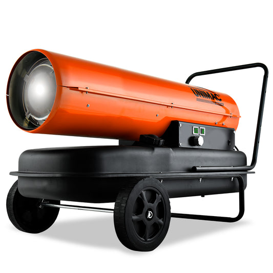 A large, portable UNIMAC 50KW Industrial Space Heater Diesel Blow Fan Portable Workshop Thermostat with an orange cylindrical body mounted on a black wheeled base. It has a handle at the rear for easy maneuverability, and the control panel is conveniently located on the side of this commercial heating solution.