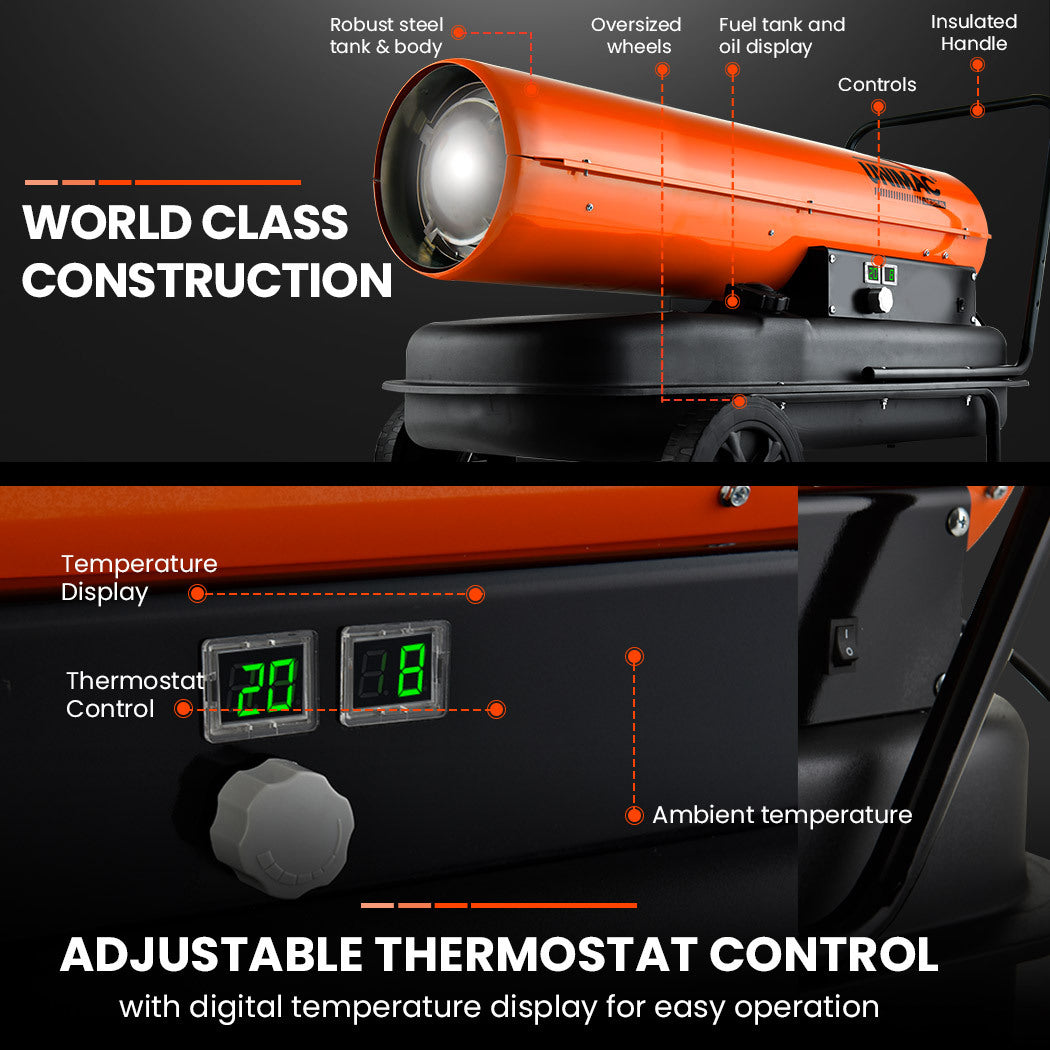 A large, portable UNIMAC 50KW Industrial Space Heater Diesel Blow Fan Portable Workshop Thermostat with an orange cylindrical body mounted on a black wheeled base. It has a handle at the rear for easy maneuverability, and the control panel is conveniently located on the side of this commercial heating solution.