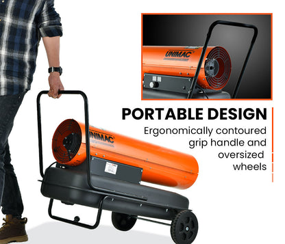 A large, portable UNIMAC 50KW Industrial Space Heater Diesel Blow Fan Portable Workshop Thermostat with an orange cylindrical body mounted on a black wheeled base. It has a handle at the rear for easy maneuverability, and the control panel is conveniently located on the side of this commercial heating solution.