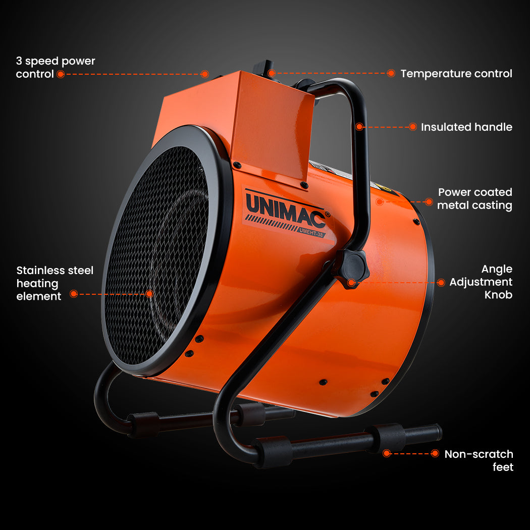 An UNIMAC 2400W Electric Space Heater Portable Small Fan Workshop Warehouse Blow Industrial Heating with a cylindrical body and a black protective front grille. The portable blow heater is mounted on a sturdy black frame and appears to be brand-named "UNIMAC." This fan heater is designed for heating large spaces efficiently.