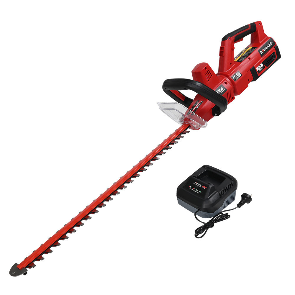 A red BAUMR-AG 40V 63cm Cordless Electric Hedge Trimmer Kit, with Battery and Fast Charger with a long, serrated blade and two black handles for an ergonomic design. Beside the trimmer is a black battery charger with an attached power cord, indicating its lithium-ion battery system. The brand label on the tool reads "LawnMaster" along with some technical specifications.