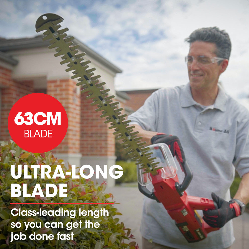 A red BAUMR-AG 40V 63cm Cordless Electric Hedge Trimmer Kit, with Battery and Fast Charger with a long, serrated blade and two black handles for an ergonomic design. Beside the trimmer is a black battery charger with an attached power cord, indicating its lithium-ion battery system. The brand label on the tool reads "LawnMaster" along with some technical specifications.