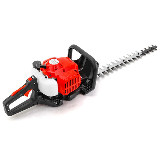 The Baumr-AG 26CC Petrol Hedge Trimmer - 2-Stroke Clipper Saw Precision 24 Blade is a red and black gas-powered tool featuring an Easy Starting E-START system, a white fuel tank, and a long double-sided blade. The cushioned handle provides grip, with several control buttons nearby. Its blade boasts evenly spaced sharp teeth for cutting hedges.