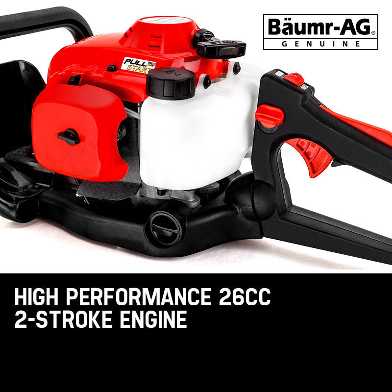 The Baumr-AG 26CC Petrol Hedge Trimmer - 2-Stroke Clipper Saw Precision 24 Blade is a red and black gas-powered tool featuring an Easy Starting E-START system, a white fuel tank, and a long double-sided blade. The cushioned handle provides grip, with several control buttons nearby. Its blade boasts evenly spaced sharp teeth for cutting hedges.