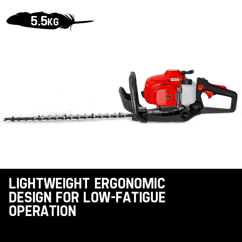 The Baumr-AG 26CC Petrol Hedge Trimmer - 2-Stroke Clipper Saw Precision 24 Blade is a red and black gas-powered tool featuring an Easy Starting E-START system, a white fuel tank, and a long double-sided blade. The cushioned handle provides grip, with several control buttons nearby. Its blade boasts evenly spaced sharp teeth for cutting hedges.