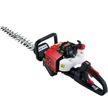 The BAUMR-AG Hedge Trimmer Petrol Clippers Cutter Bush Lightweight Cordless 2-Stroke features a robust 2-stroke engine. Its red and black motor housing, TruSharp™ blades with silver teeth, and black grip handle ensure optimal performance. The design is heavy-duty, perfect for all your gardening tasks.