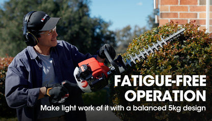 The BAUMR-AG Hedge Trimmer Petrol Clippers Cutter Bush Lightweight Cordless 2-Stroke features a robust 2-stroke engine. Its red and black motor housing, TruSharp™ blades with silver teeth, and black grip handle ensure optimal performance. The design is heavy-duty, perfect for all your gardening tasks.