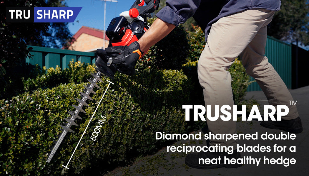 The BAUMR-AG Hedge Trimmer Petrol Clippers Cutter Bush Lightweight Cordless 2-Stroke features a robust 2-stroke engine. Its red and black motor housing, TruSharp™ blades with silver teeth, and black grip handle ensure optimal performance. The design is heavy-duty, perfect for all your gardening tasks.