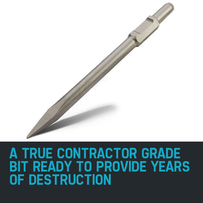 A pointed Baumr-AG JackHammer Chisel 30mm Moil Point Tile Chipper Jack Hammer Rock Breaker attachment, commonly used for breaking concrete, is shown next to its packaging tube. The contractor-grade chisel has a cylindrical shank on one end and a tapered, sharp point on the other. The cylindrical packaging tube is semi-transparent.