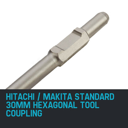 A pointed Baumr-AG JackHammer Chisel 30mm Moil Point Tile Chipper Jack Hammer Rock Breaker attachment, commonly used for breaking concrete, is shown next to its packaging tube. The contractor-grade chisel has a cylindrical shank on one end and a tapered, sharp point on the other. The cylindrical packaging tube is semi-transparent.