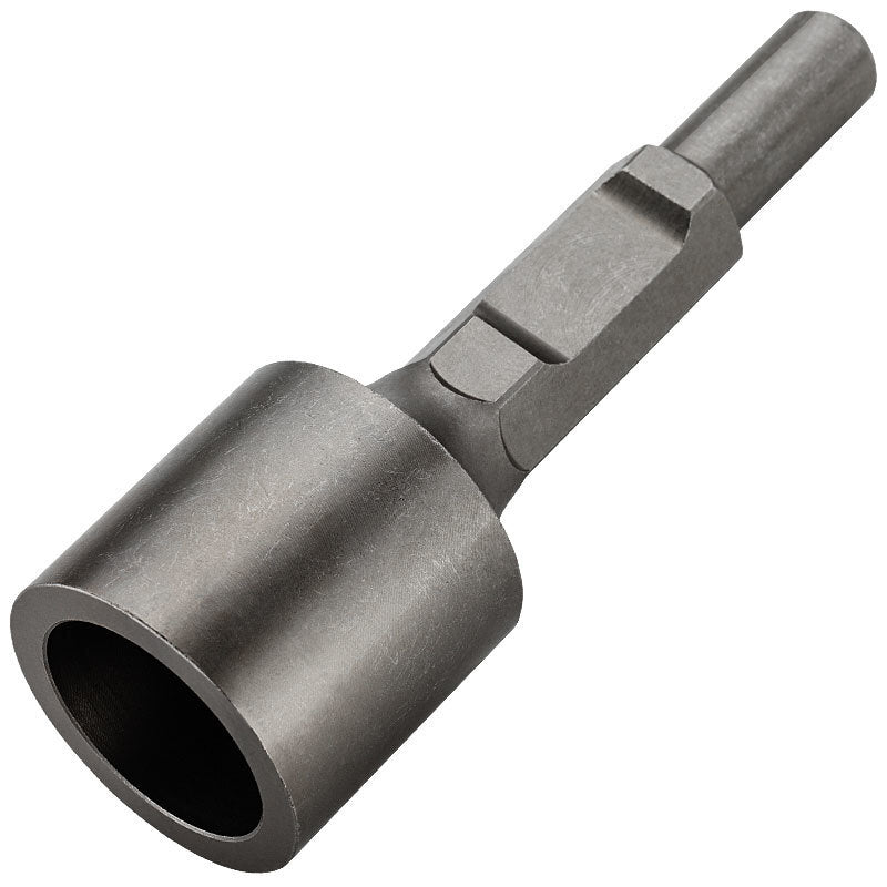 A metal socket adapter with a hexagonal shank and a circular socket end, resembling those used for attaching sockets to power drills or other driving tools. The matte metallic finish adds durability. This tool is an essential underpinning component for any robust construction work. The Baumr-AG JackHammer Star Picket Stake Post Driver Chisel Jack Hammer Bit is invaluable for such tasks.