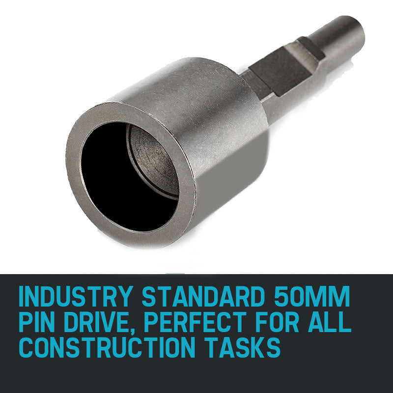 A metal socket adapter with a hexagonal shank and a circular socket end, resembling those used for attaching sockets to power drills or other driving tools. The matte metallic finish adds durability. This tool is an essential underpinning component for any robust construction work. The Baumr-AG JackHammer Star Picket Stake Post Driver Chisel Jack Hammer Bit is invaluable for such tasks.