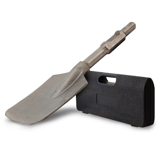 A Baumr-AG JackHammer Clay Spade Chisel Extra Wide Square-Tipped Jack Hammer, also known as a contractor grade clay spade, is displayed next to a black, rectangular carrying case with a handle on its top. The shovel attachment has a silver color and a robust design, suitable for heavy-duty use.