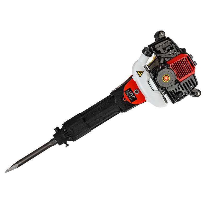 Image of a Tradie's Mate Baumr-AG JackHammer Demolition 3.5HP Petrol Jack Hammer Concrete Rock Drill with a black and red handle. The commercial-grade jackhammer features a pointed chisel head and visible engine components, including a red cooling fin, black protective cage, and yellow warning labels.